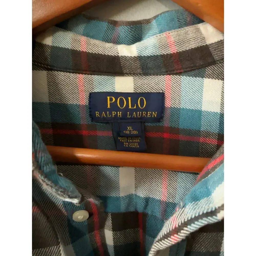 Polo Ralph Lauren XL Plaid Flannel Button Shirt Blue Brown Cotton